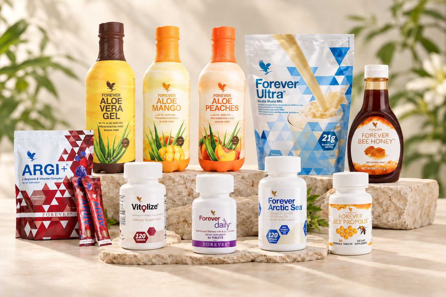 Gemeinsame Komposition mit Aloe-Getränken, Shake, Honig und Nahrungsergänzung von Vitolize bis Arctic Sea